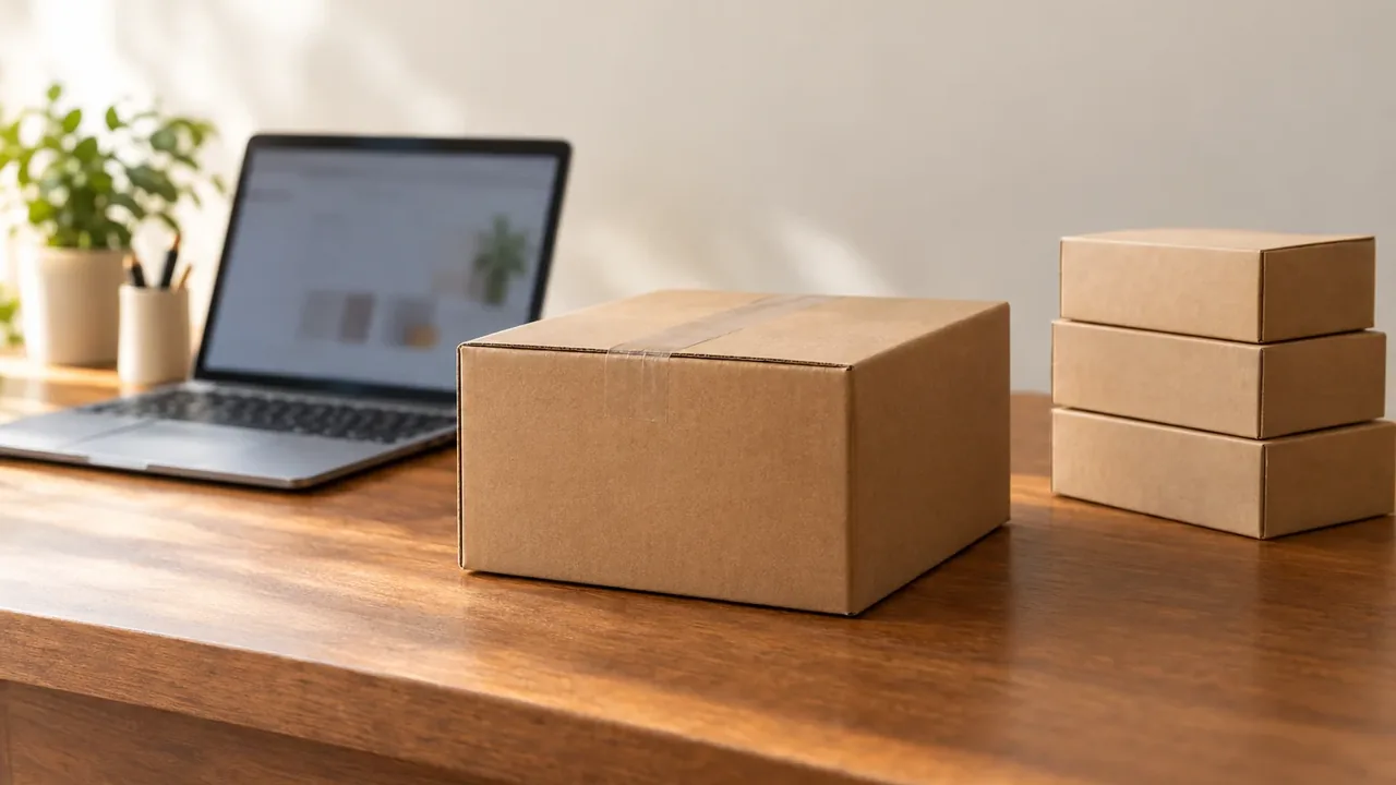 A taped shipping box and a stack of plain product boxes beside a laptop on a wooden desk