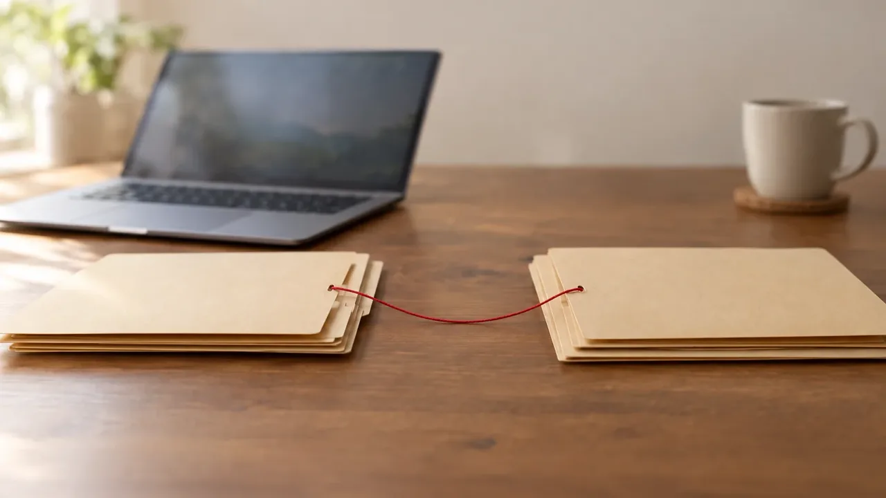 A laptop beside two rows of folders, with a red thread linking one folder in each row