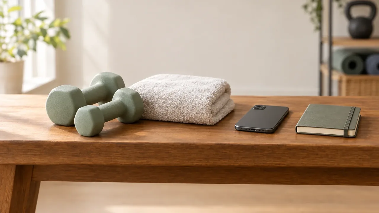 Light dumbbells, a folded towel, a phone and a notebook on a wooden bench in a bright training studio