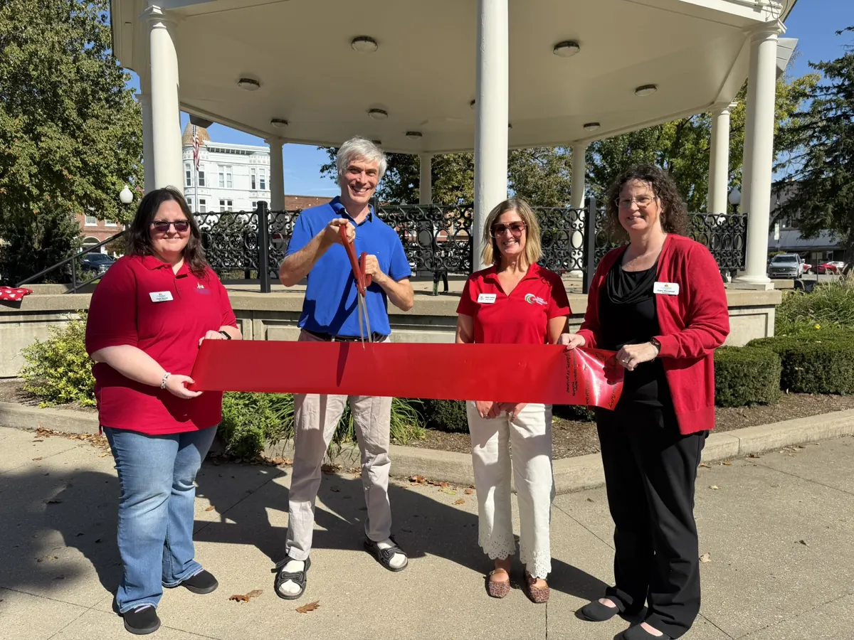 Andrew Voskov cutting the ribbon with Fairfield Area Chamber of Commerce Ambassadors at the Central Park gazebo, October 7, 2026