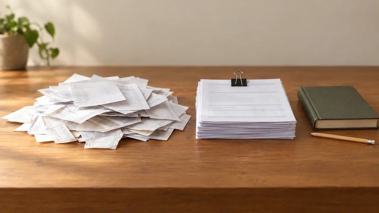 A loose pile of statements beside the same papers squared into a neat clipped stack and a ledger book